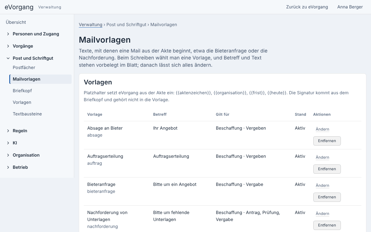 Die Seite Mailvorlagen in der Verwaltung. Über der Tabelle die Platzhalter aktenzeichen, organisation, frist und heute. Die Tabelle nennt je Vorlage Betreff, Vorgangsart und Phasen, für die sie gilt, und den Stand Aktiv, etwa Absage an Bieter, Auftragserteilung, Bieteranfrage und Nachforderung von Unterlagen.